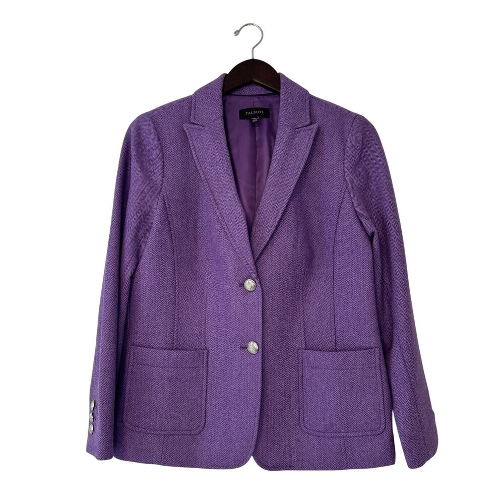 TALBOTS Wool Tweed Blazer Women's Size 10 Purple Silver Buttons Lined Preppy